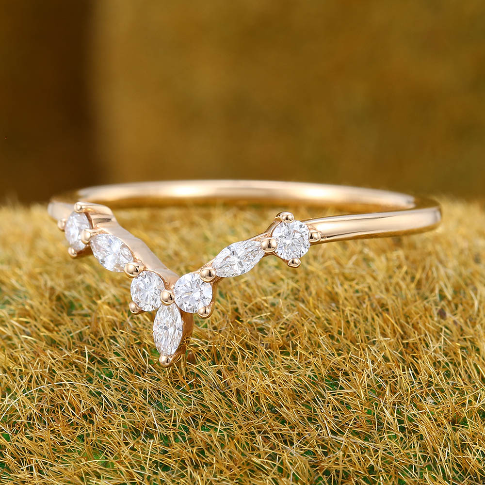 Vintage Marquise Moissanite wedding band Unique rose gold Curved wedding band Diamond wedding band Bridal Matching Stacking promise band