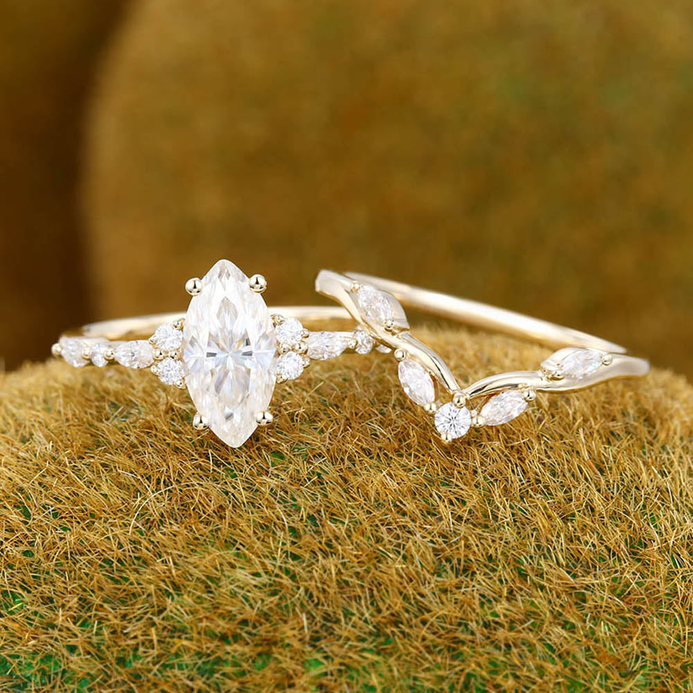 Vintage Marquise cut Moissanite engagement ring Yellow gold engagement ring set Diamond Curved ring Art deco Promise Anniversary ring set