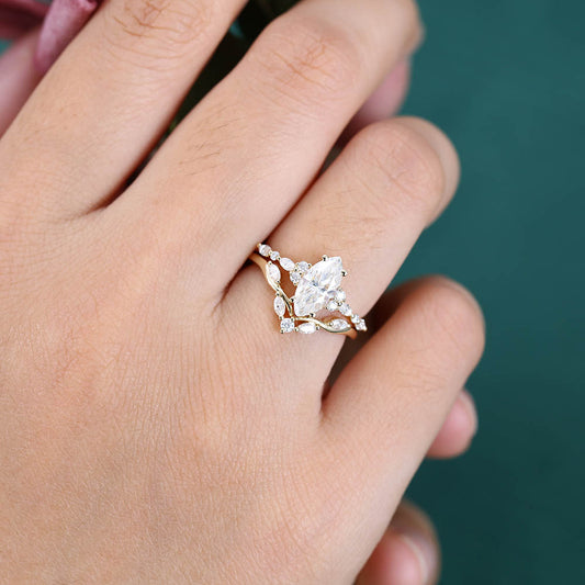 Vintage Marquise cut Moissanite engagement ring Yellow gold engagement ring set Diamond Curved ring Art deco Promise Anniversary ring set