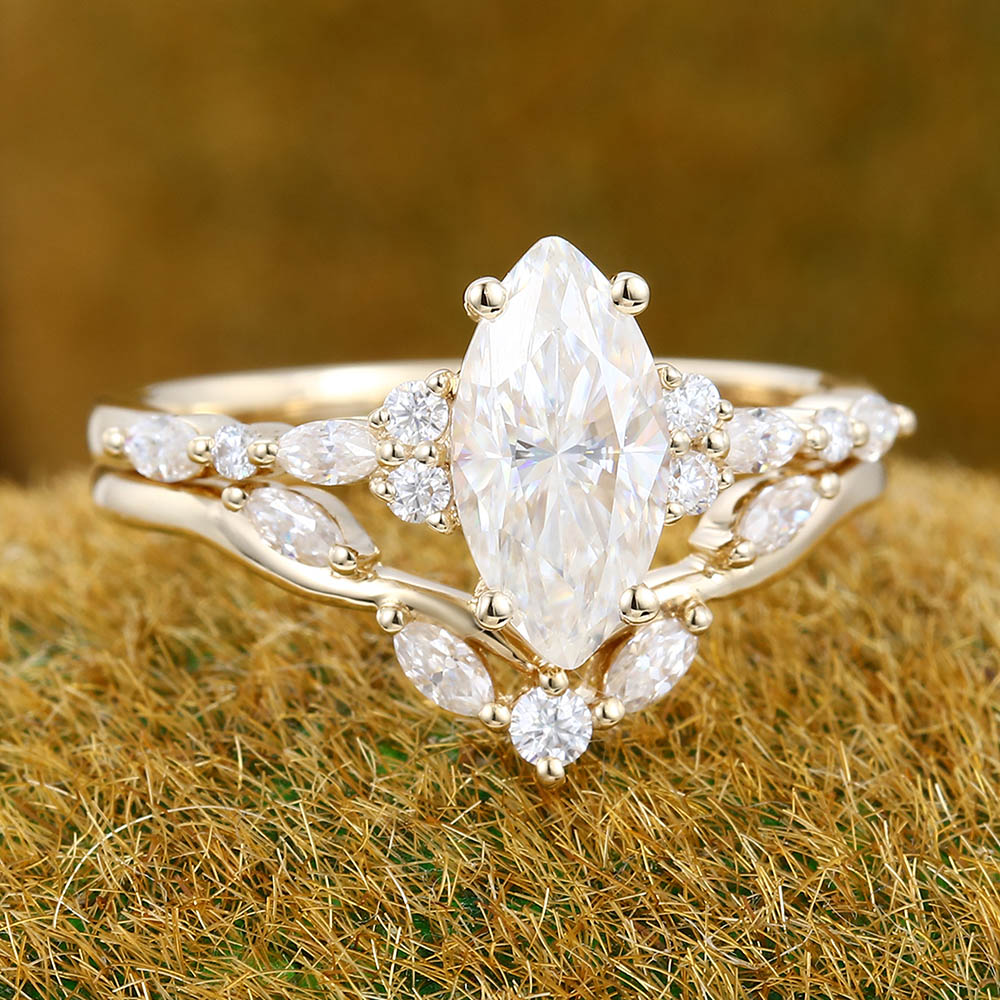 Vintage Marquise cut Moissanite engagement ring Yellow gold engagement ring set Diamond Curved ring Art deco Promise Anniversary ring set