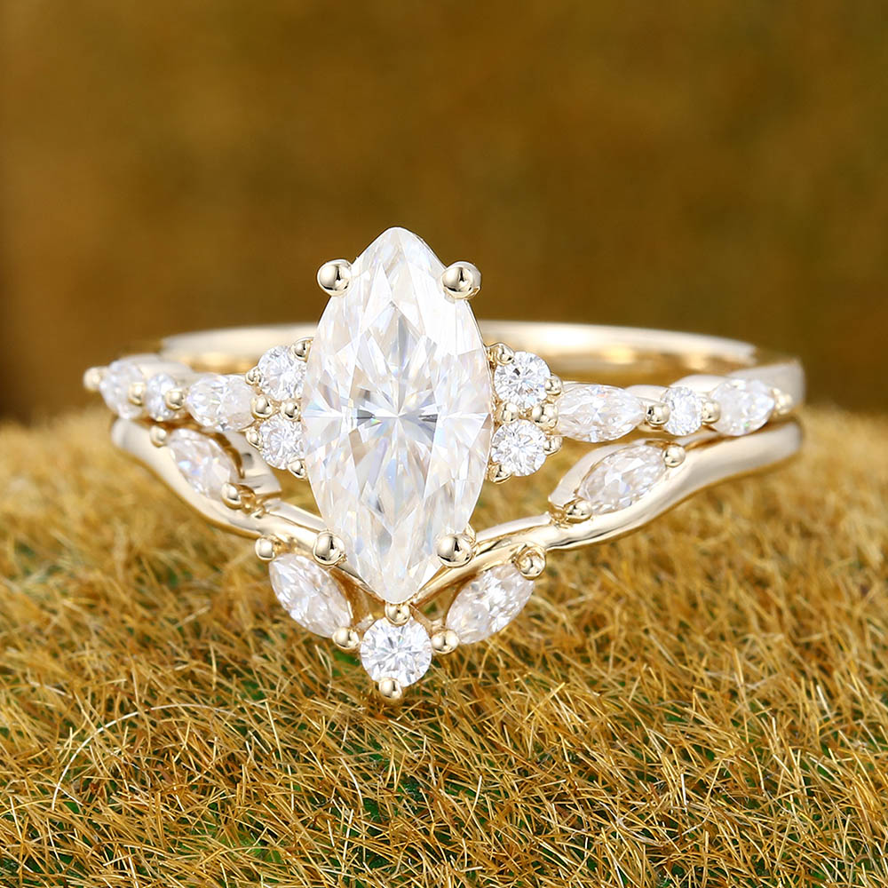 Vintage Marquise cut Moissanite engagement ring Yellow gold engagement ring set Diamond Curved ring Art deco Promise Anniversary ring set