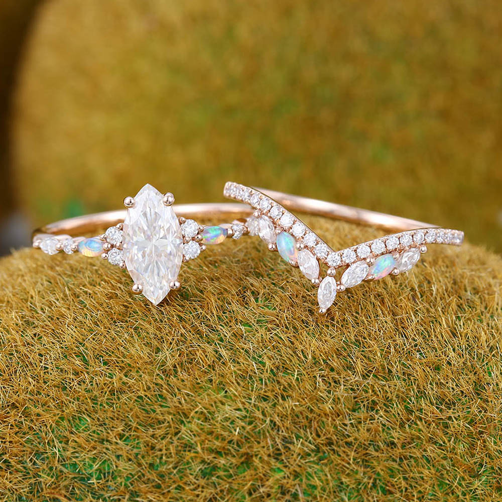 Vintage 1CT Marquise Moissanite Engagement Ring Set with Opal & Diamond Accents