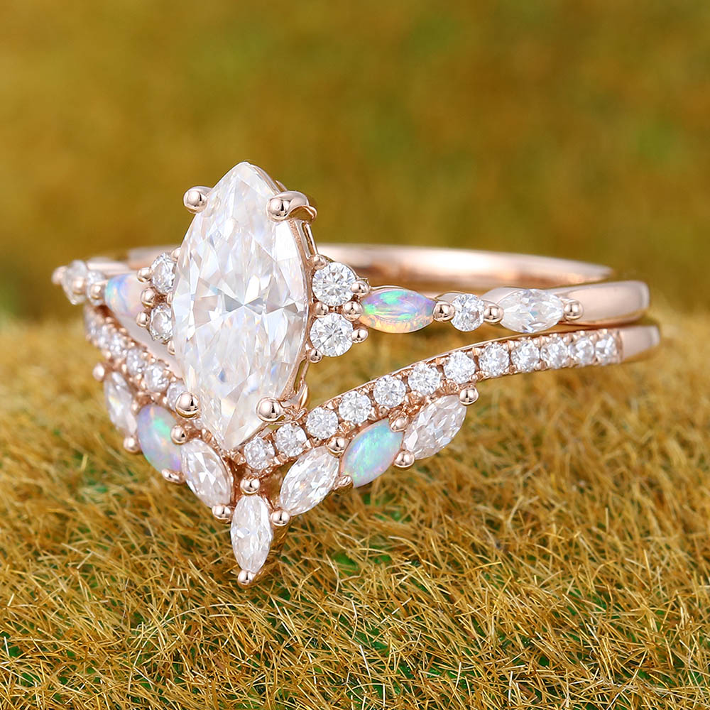 Vintage 1CT Marquise Moissanite Engagement Ring Set with Opal & Diamond Accents