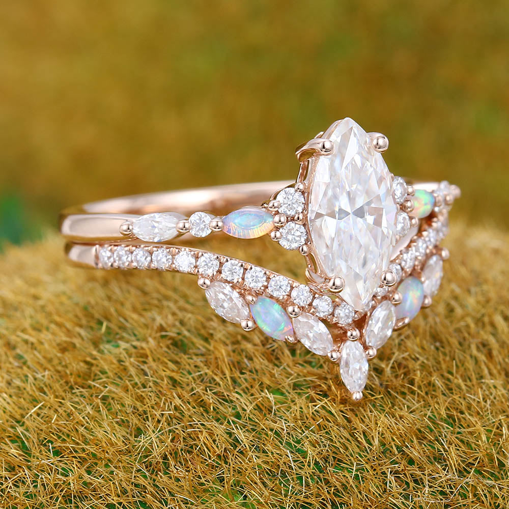Vintage 1CT Marquise Moissanite Engagement Ring Set with Opal & Diamond Accents