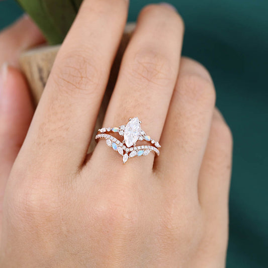 Vintage 1CT Marquise Moissanite Engagement Ring Set with Opal & Diamond Accents