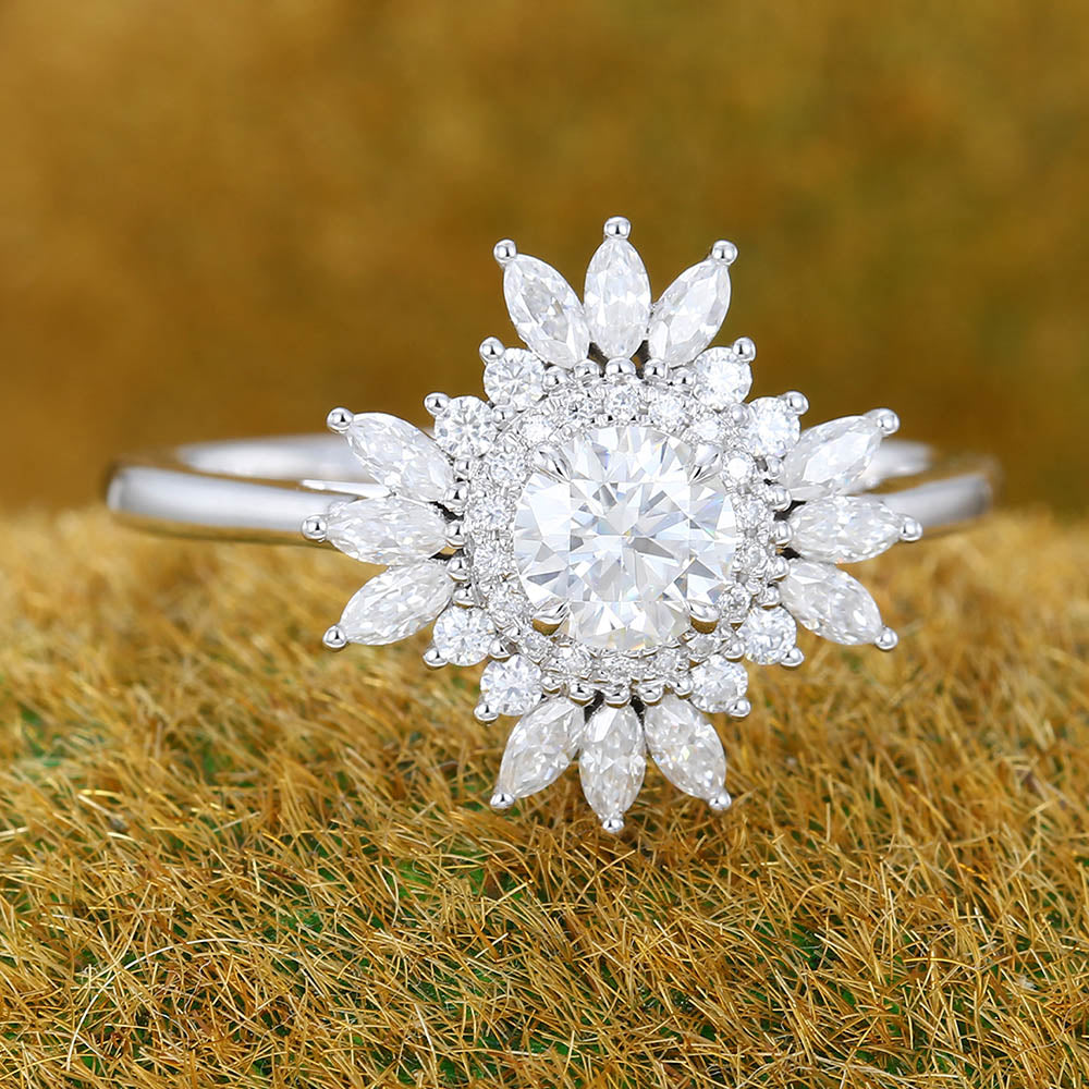 Vintage Half Carat Moissanite Engagement Ring with Halo Cluster Design