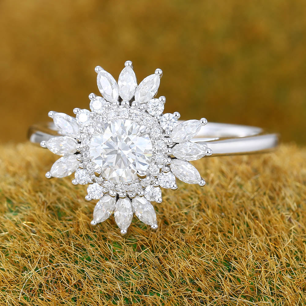 Vintage Half Carat Moissanite Engagement Ring with Halo Cluster Design