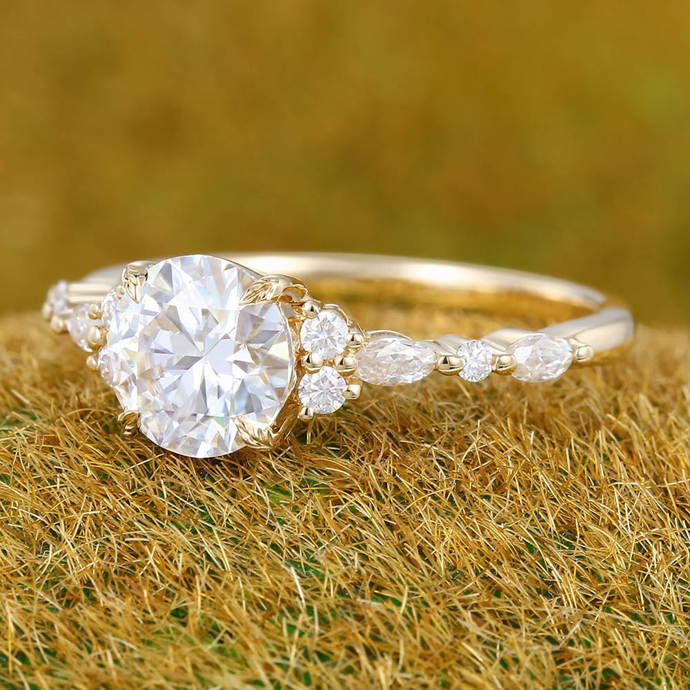Unique Leaf Prongs Design 1CT Round Cut Moissanite Cluster Engagement Ring