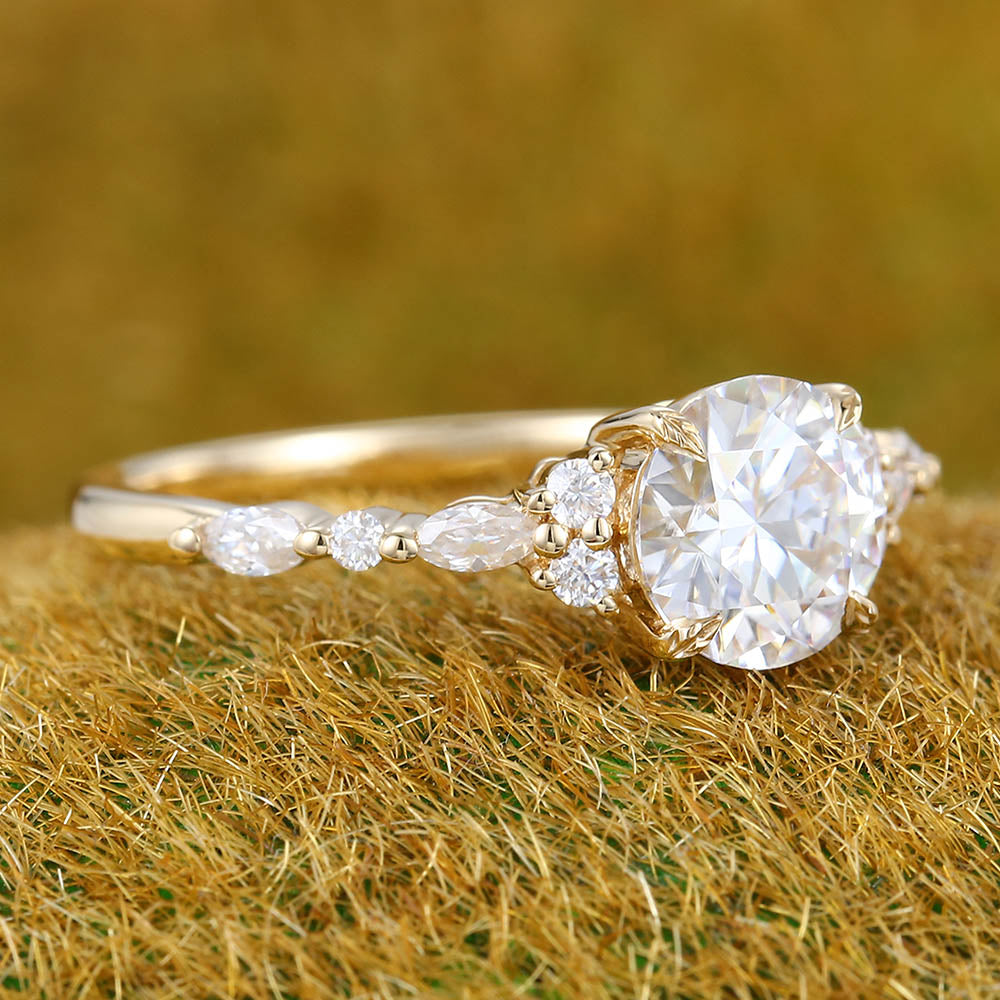 Unique Leaf Prongs Design 1CT Round Cut Moissanite Cluster Engagement Ring