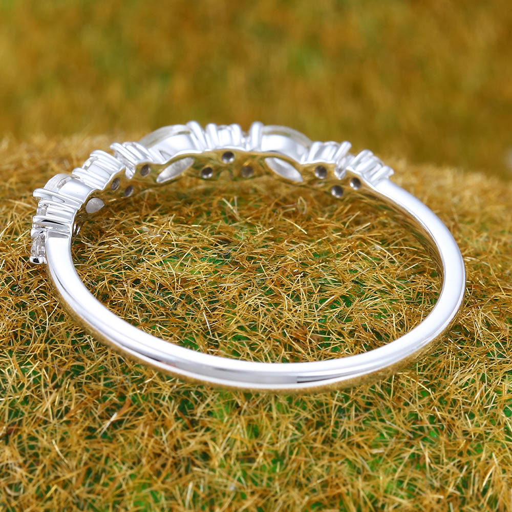 Vintage Moonstone wedding band Unique white gold wedding band Marquise cut Diamond Half eternity wedding band Bridal Matching Stackable band