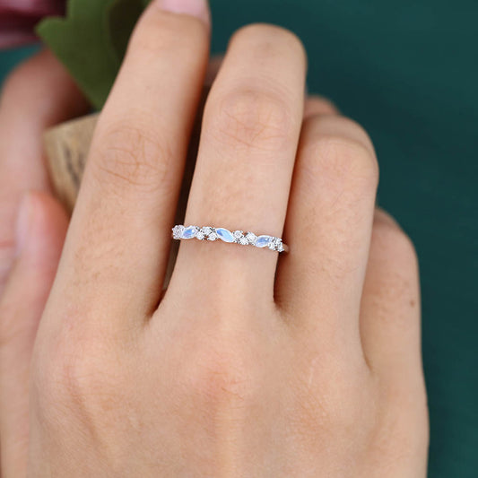 Vintage Moonstone wedding band Unique white gold wedding band Marquise cut Diamond Half eternity wedding band Bridal Matching Stackable band