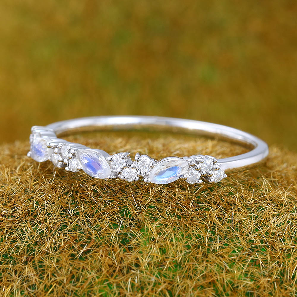 Vintage Moonstone wedding band Unique white gold wedding band Marquise cut Diamond Half eternity wedding band Bridal Matching Stackable band