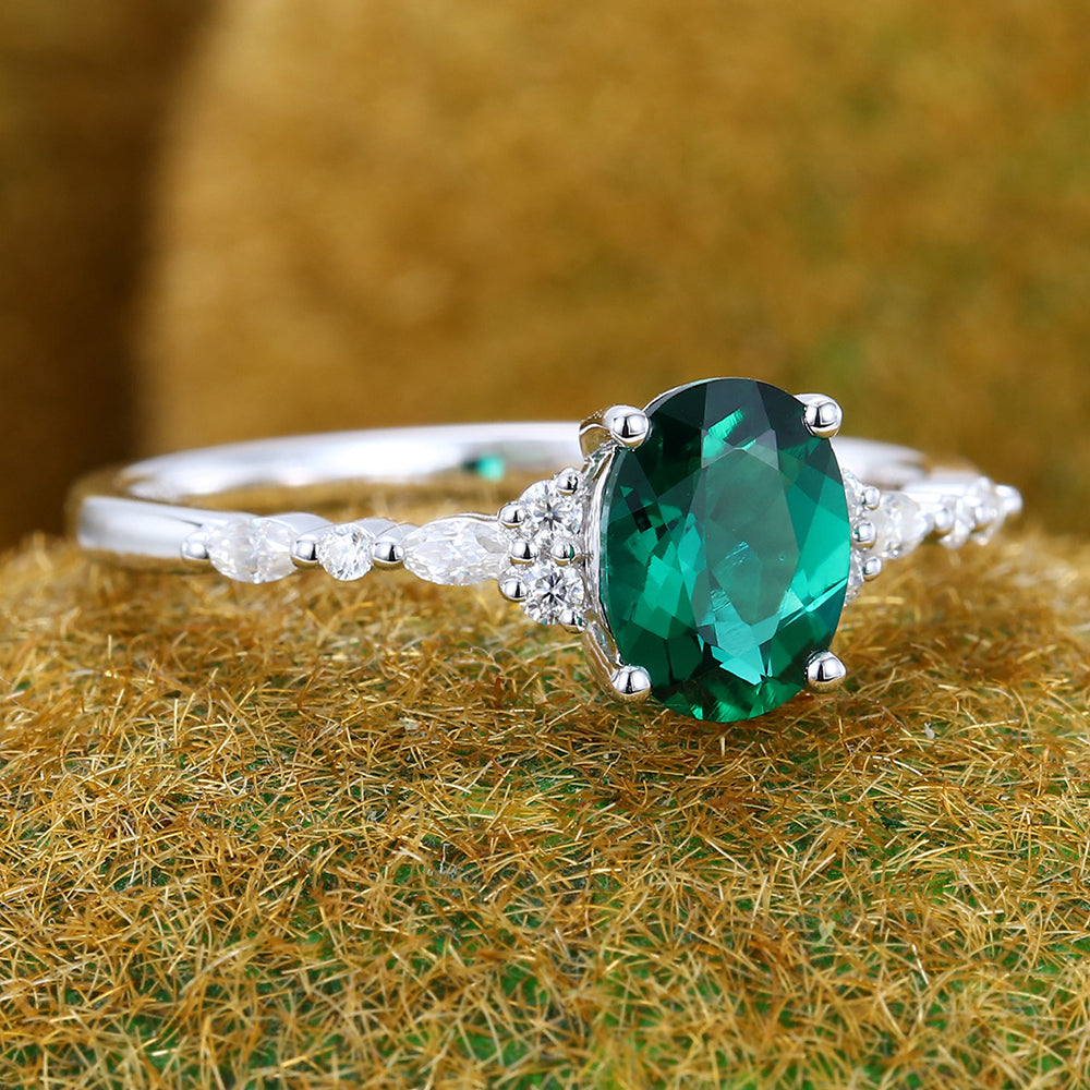 Vintage Oval Cut Emerald Engagement Ring with Moissanite Accents