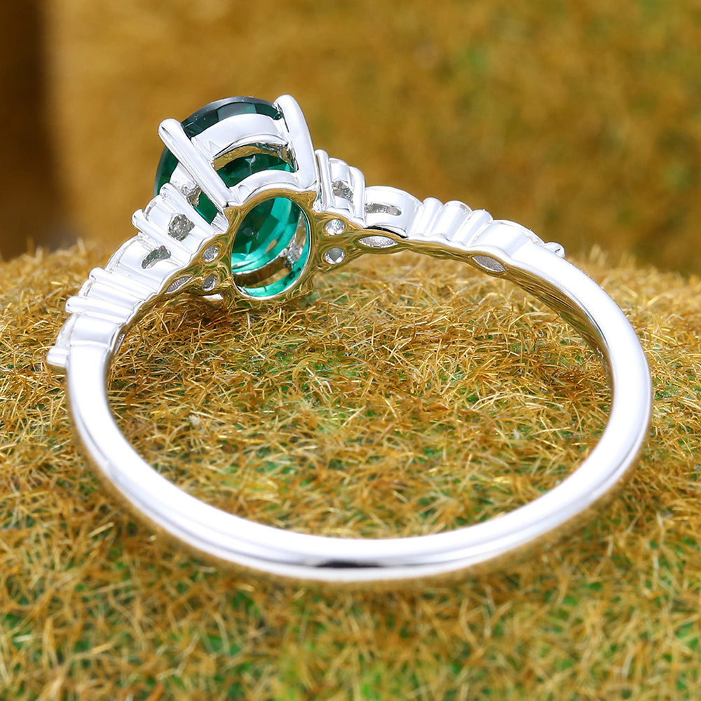 Vintage Oval Cut Emerald Engagement Ring with Moissanite Accents