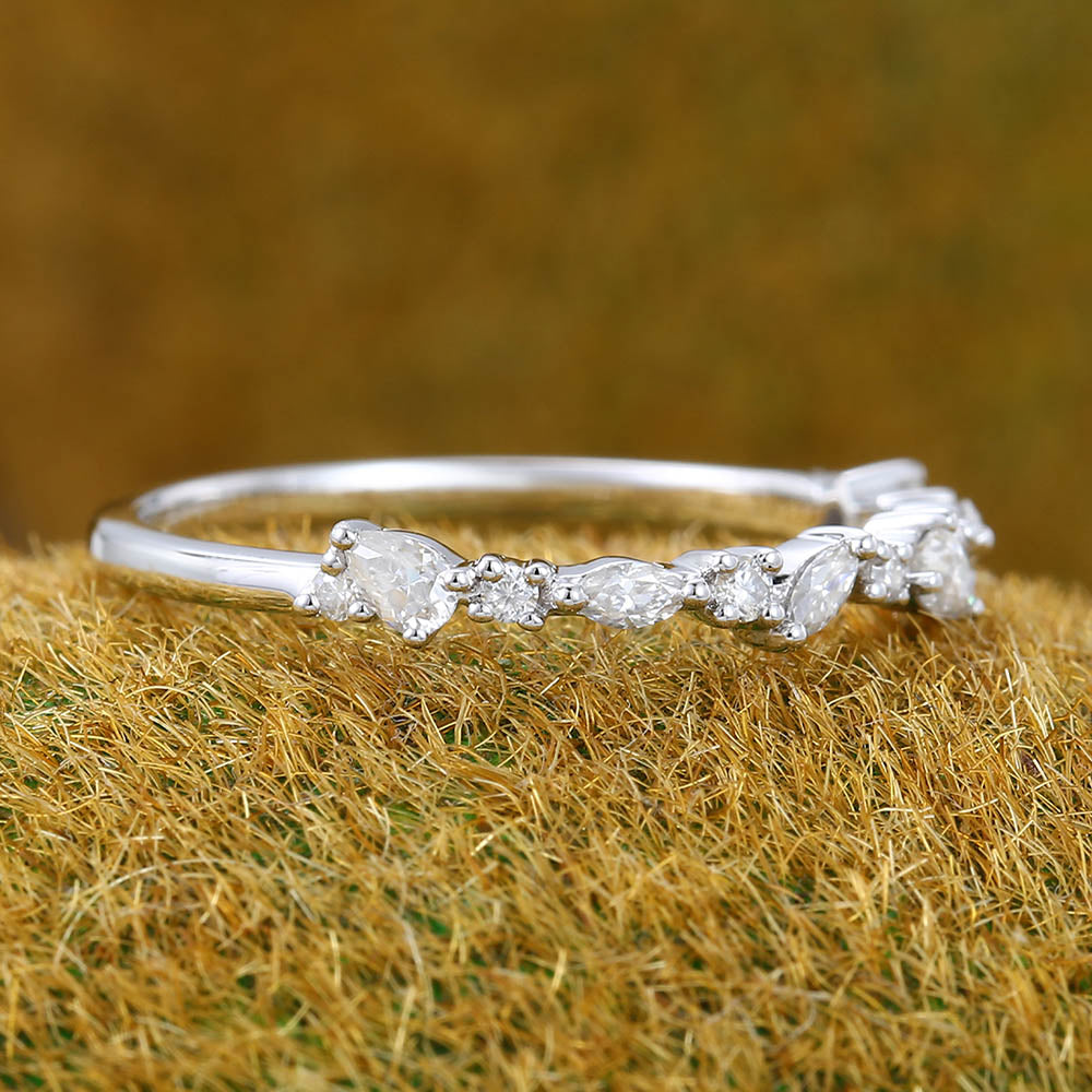 Vintage Pear Moissanite wedding band Unique white gold wedding band women Half eternity Marquise wedding band Bridal Matching Stackable band