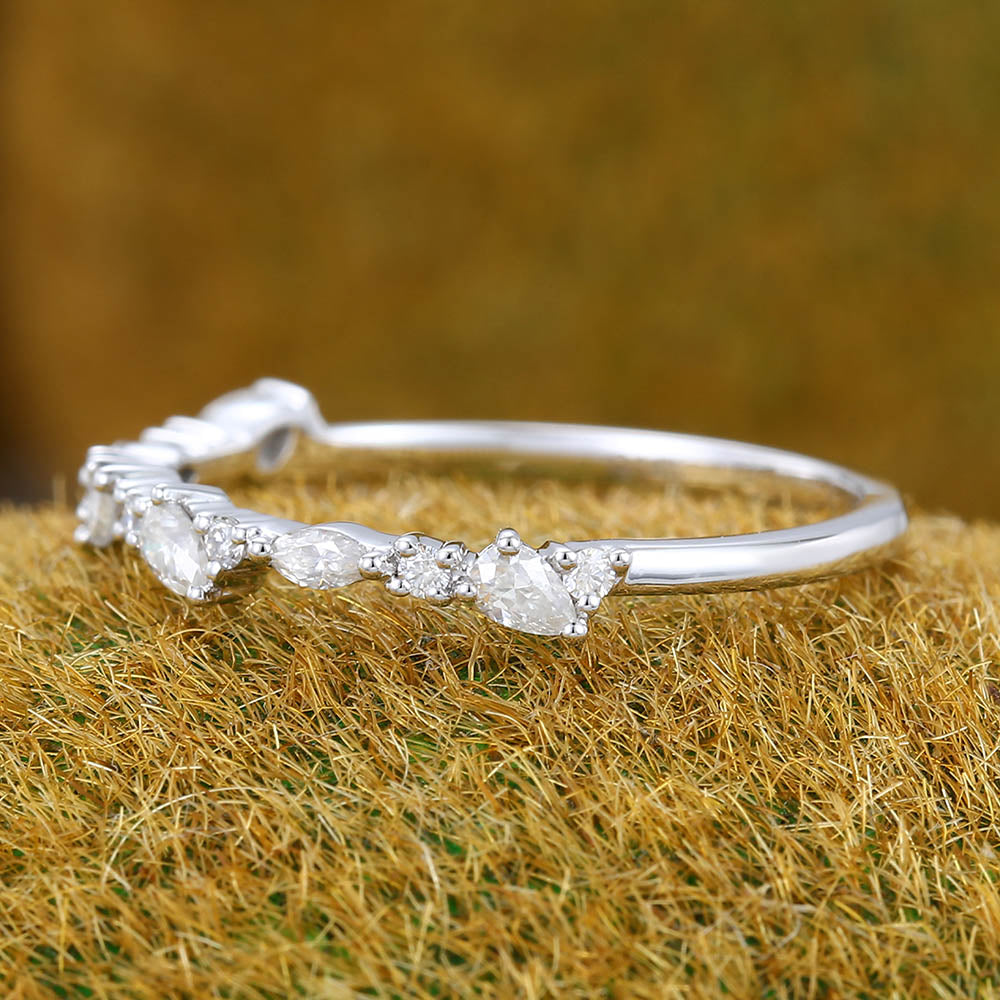 Vintage Pear Moissanite wedding band Unique white gold wedding band women Half eternity Marquise wedding band Bridal Matching Stackable band