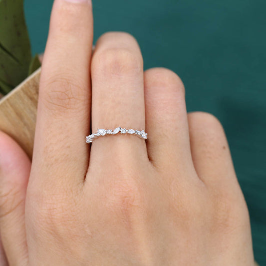 Vintage Pear Moissanite wedding band Unique white gold wedding band women Half eternity Marquise wedding band Bridal Matching Stackable band