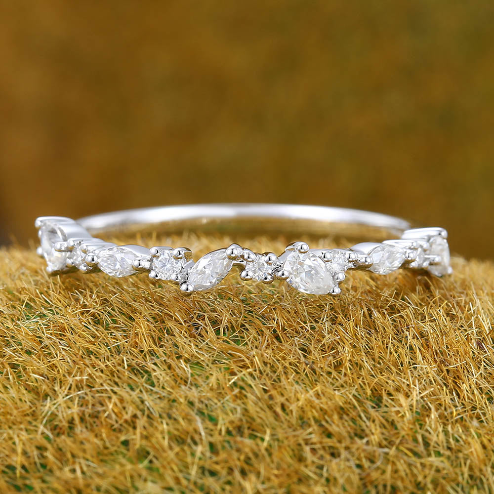 Vintage Pear Moissanite wedding band Unique white gold wedding band women Half eternity Marquise wedding band Bridal Matching Stackable band