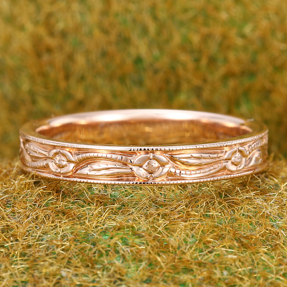 Vintage Solid Wedding Band Nature Inspired Engraved Ring