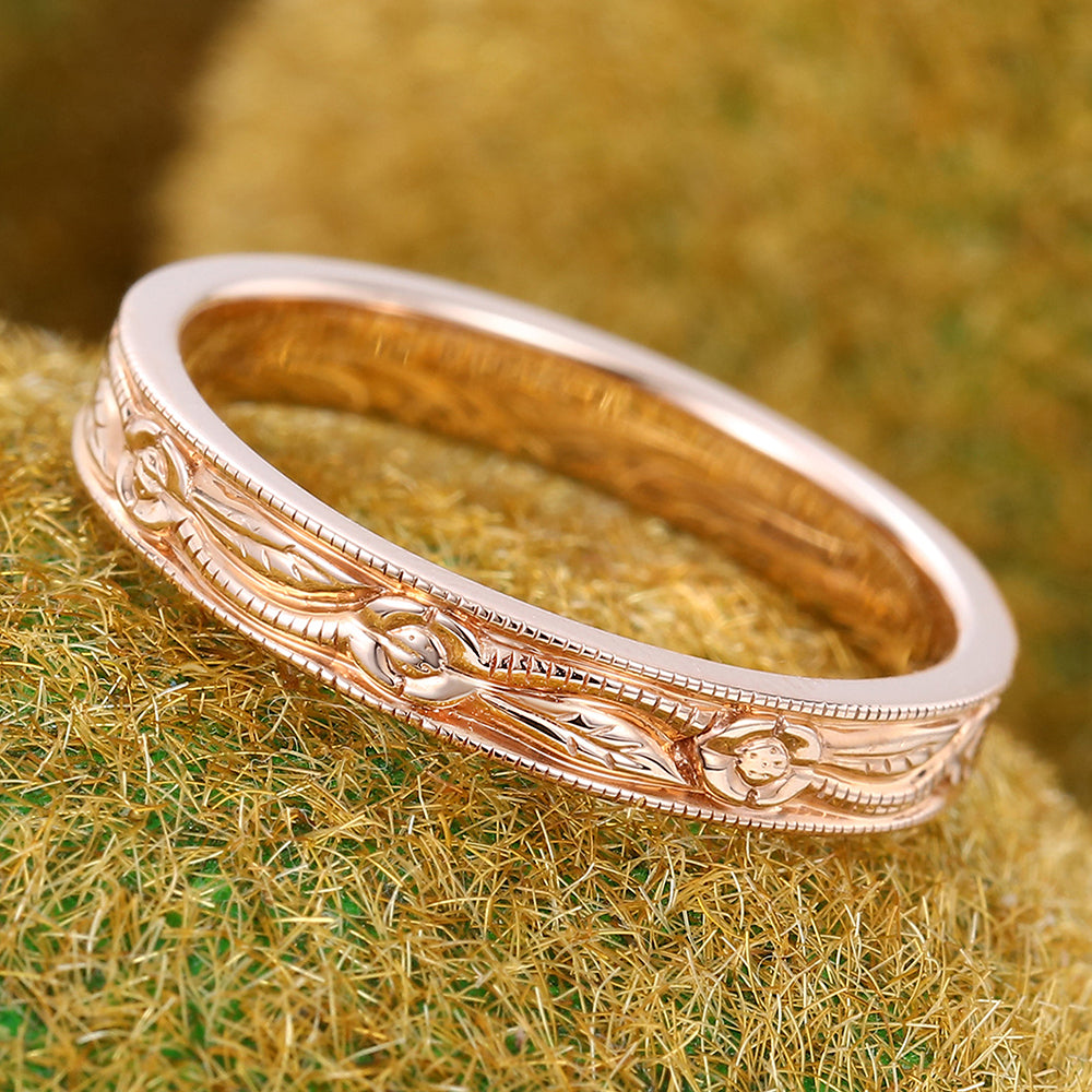 Vintage Solid Wedding Band Nature Inspired Engraved Ring