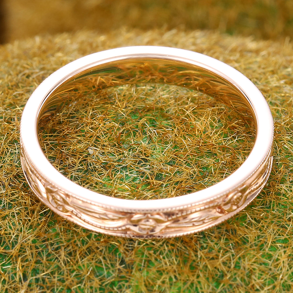 Vintage Solid Wedding Band Nature Inspired Engraved Ring