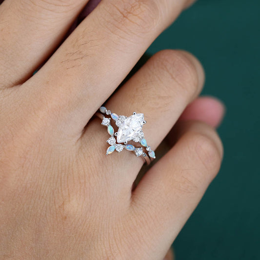Vintage 1CT Marquise Cut Moissanite Engagement Ring Set with Opal & Diamond Cluster