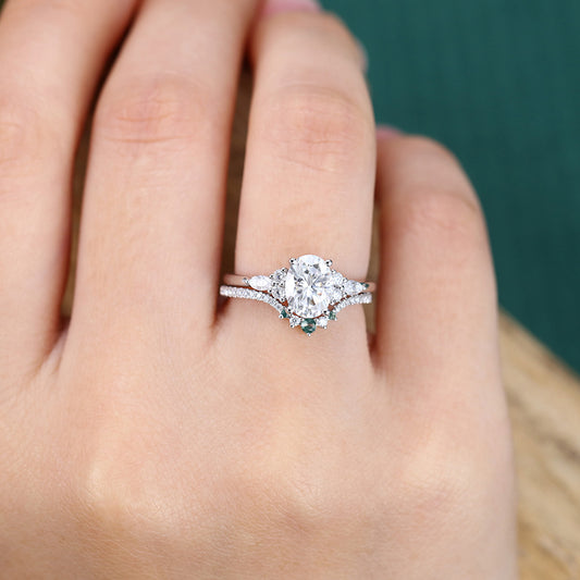 Oval Cut Moissanite Engagement Ring Set with Half Eternity Band