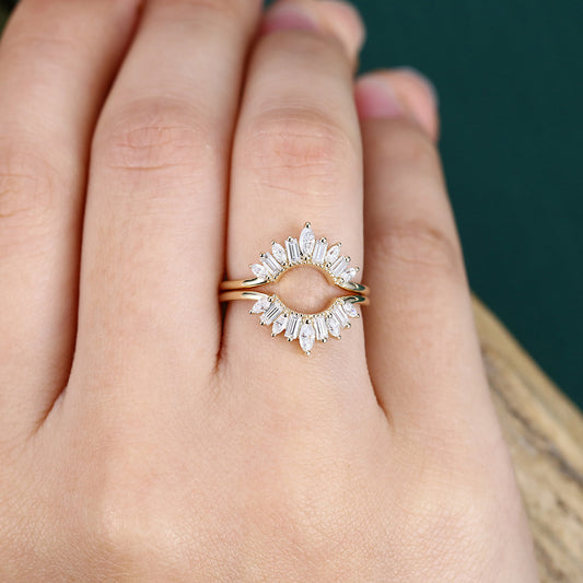 Art Deco Moissanite Wedding Ring Set 2PCS Curved Wedding Band