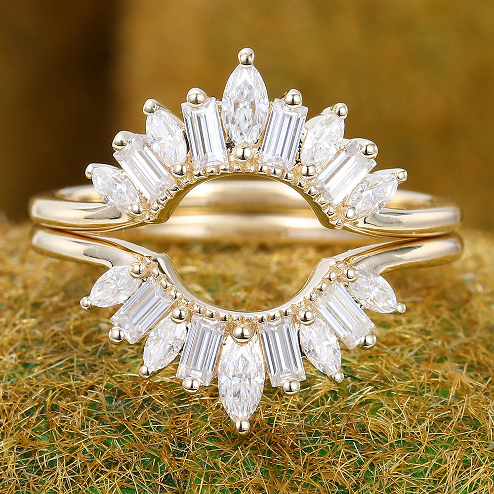 Art Deco Moissanite Wedding Ring Set 2PCS Curved Wedding Band