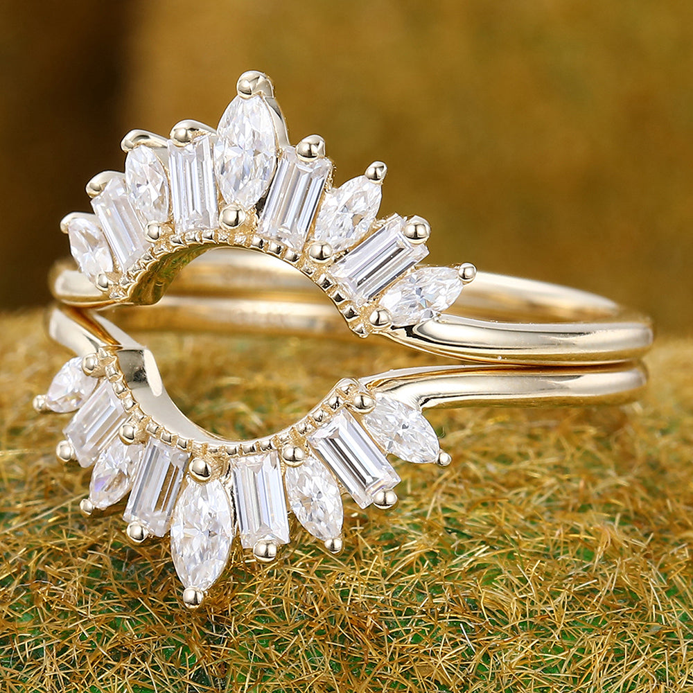Art Deco Moissanite Wedding Ring Set 2PCS Curved Wedding Band