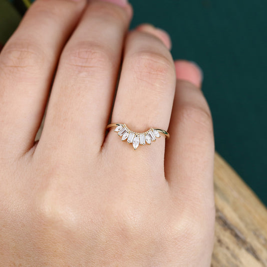 Alternating Marquise & Baguette Moissanite Curved Wedding Band