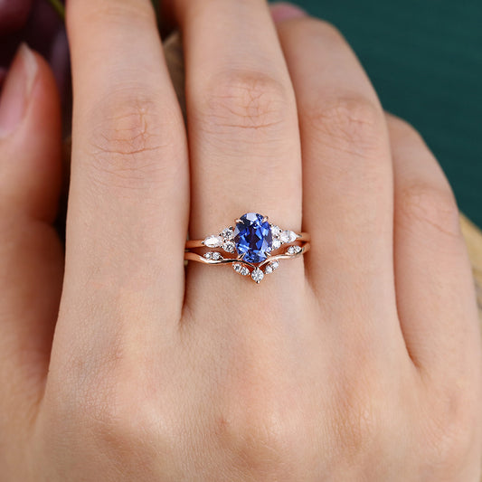 Oval Cut Cornflower Sapphire Engagement Ring Set 2PCS Bridal Ring Set