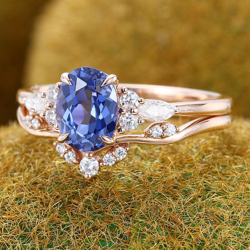Oval Cut Cornflower Sapphire Engagement Ring Set 2PCS Bridal Ring Set