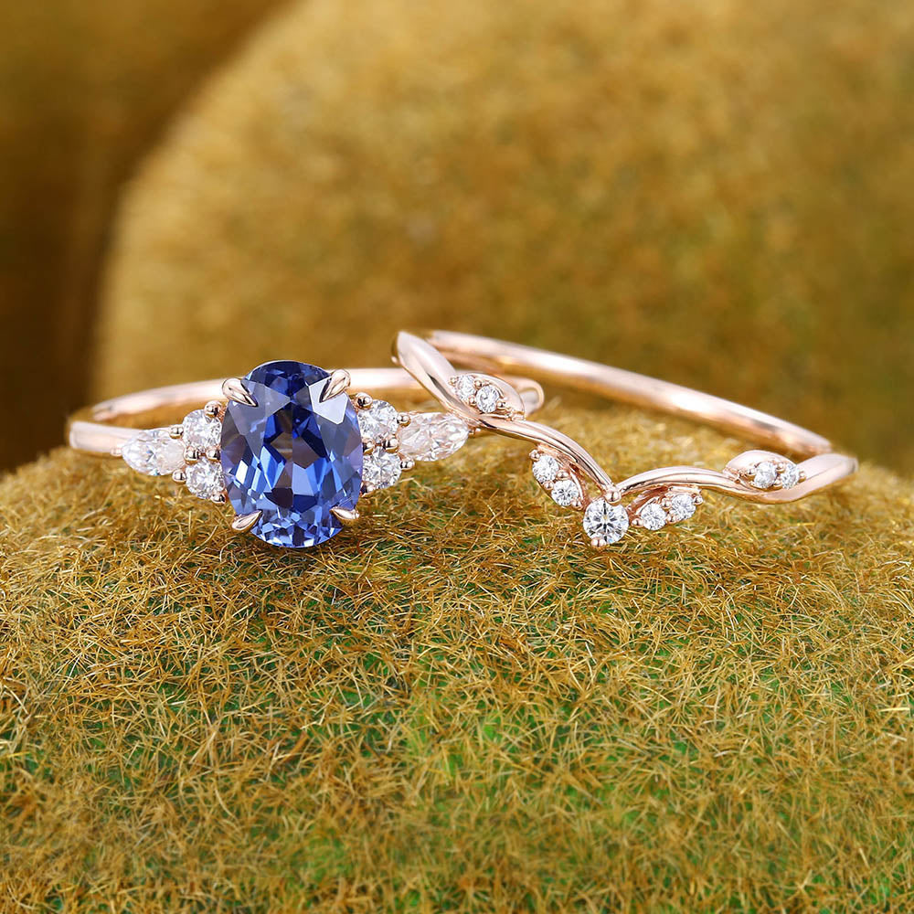 Oval Cut Cornflower Sapphire Engagement Ring Set 2PCS Bridal Ring Set
