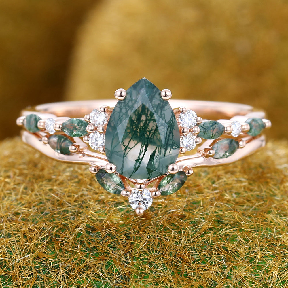 2PCS Pear Cut Moss Agate Engagement Ring Set with Cluster Accents
