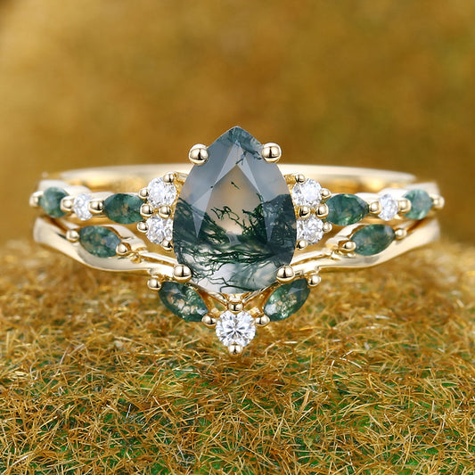 2PCS Pear Cut Moss Agate Engagement Ring Set with Cluster Accents