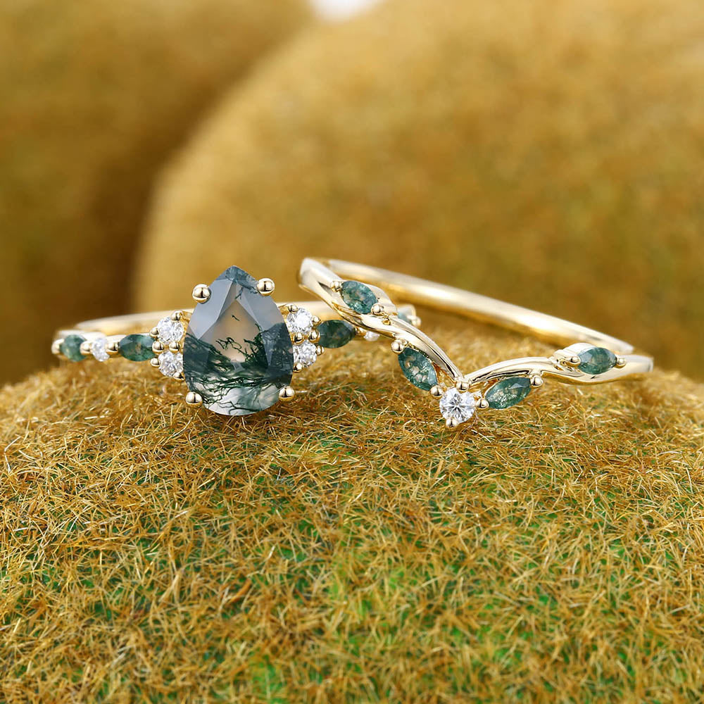 2PCS Pear Cut Moss Agate Engagement Ring Set with Cluster Accents