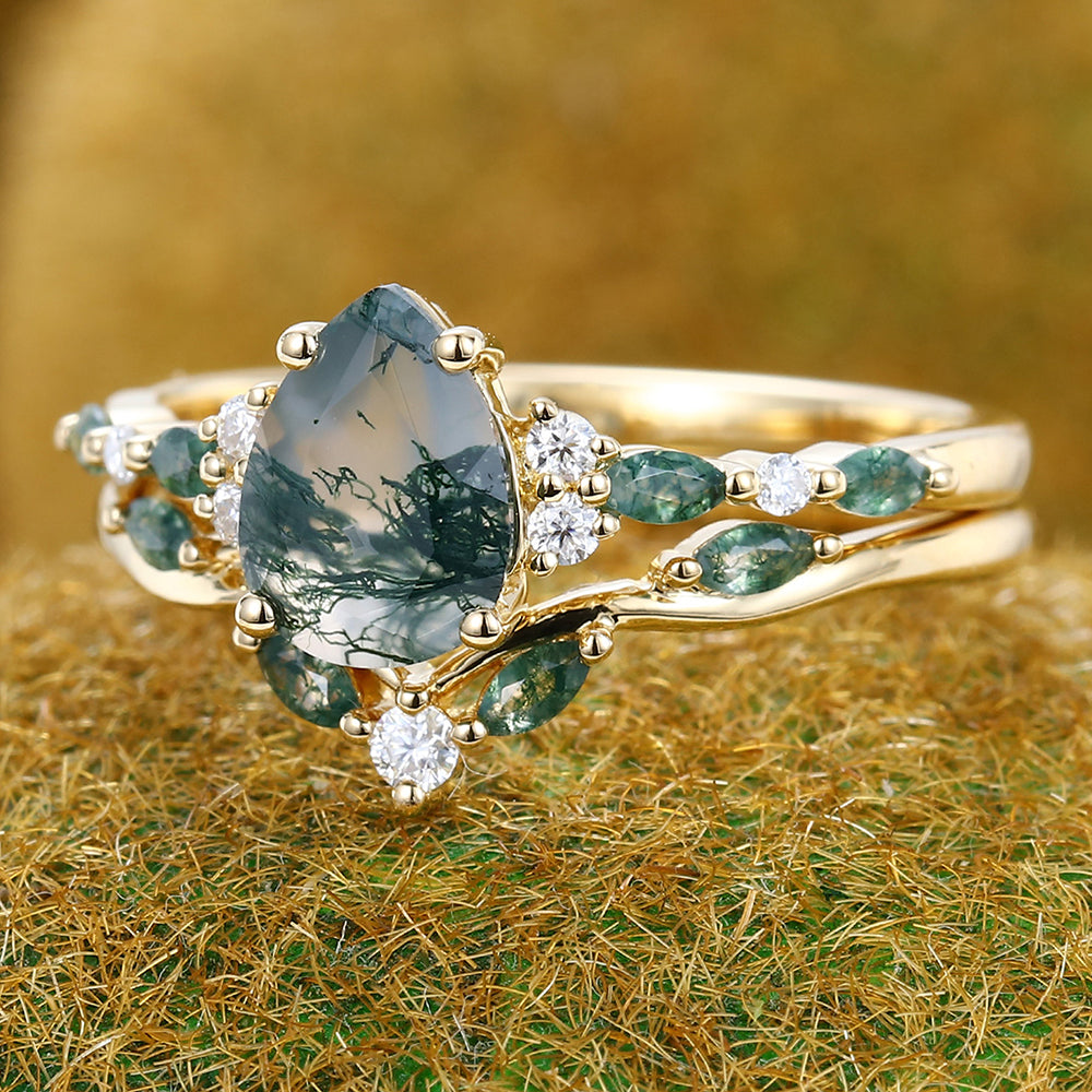 2PCS Pear Cut Moss Agate Engagement Ring Set with Cluster Accents