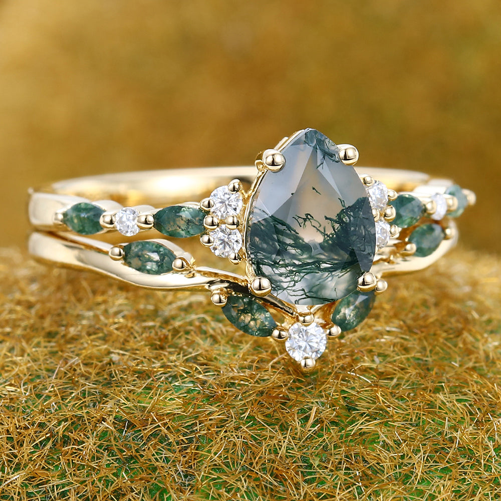 2PCS Pear Cut Moss Agate Engagement Ring Set with Cluster Accents
