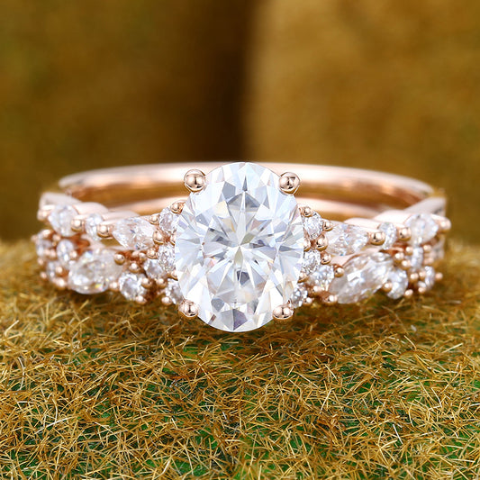 1.3CT Oval Cut Moissanite Engagement Ring Set Half Eternity 2PCS Bridal Ring Set