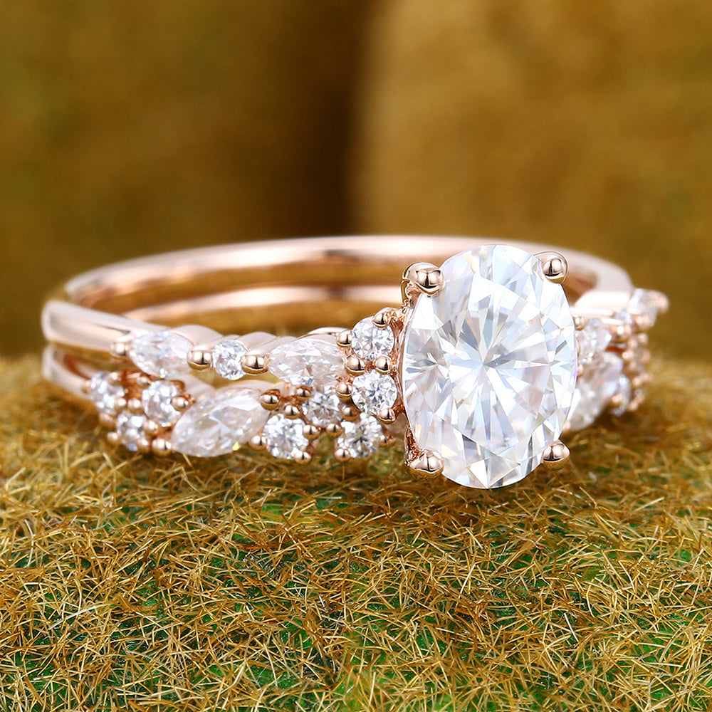 1.3CT Oval Cut Moissanite Engagement Ring Set Half Eternity 2PCS Bridal Ring Set