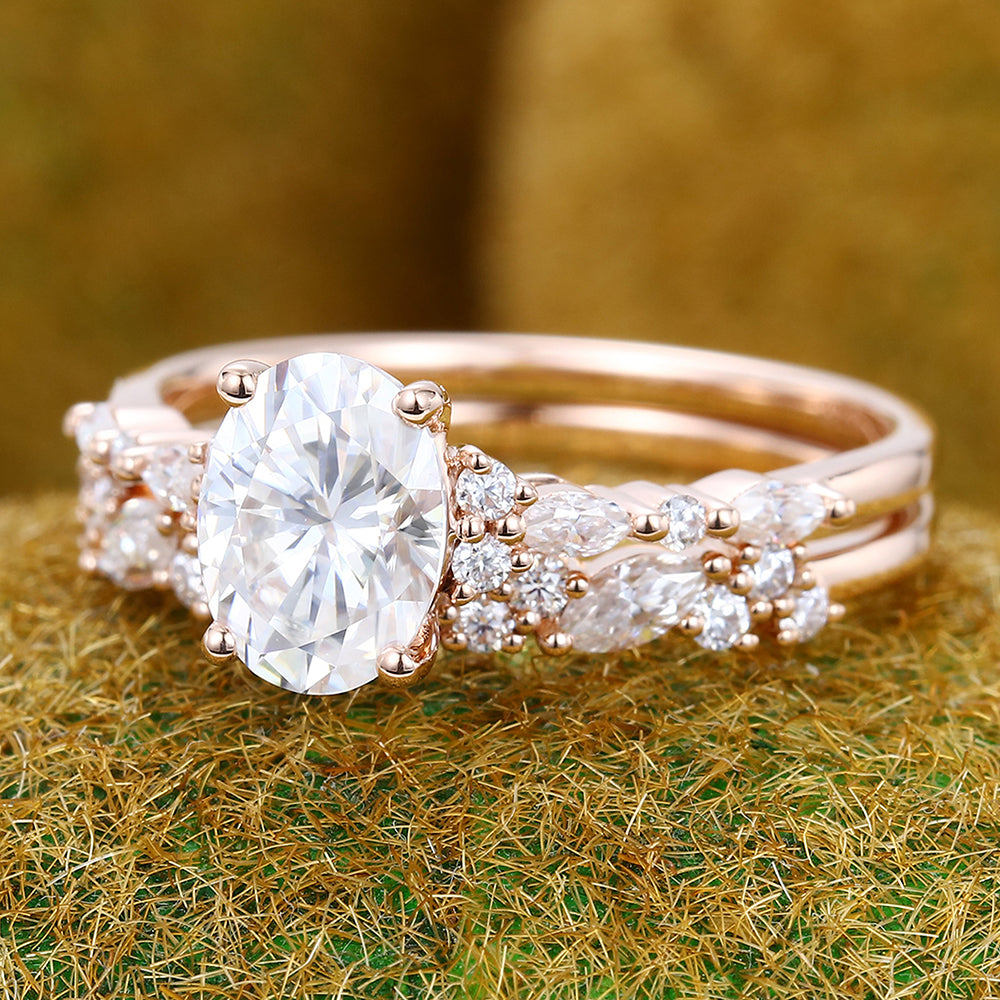 1.3CT Oval Cut Moissanite Engagement Ring Set Half Eternity 2PCS Bridal Ring Set