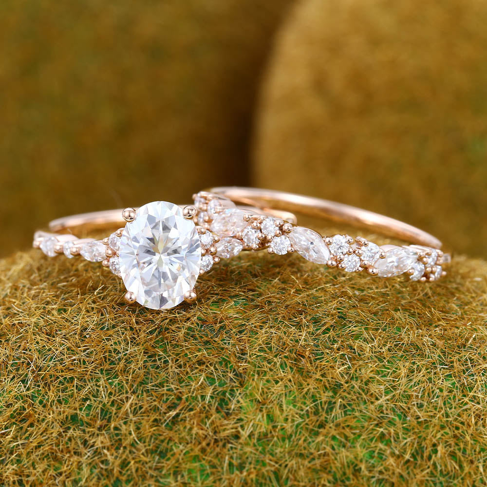 1.3CT Oval Cut Moissanite Engagement Ring Set Half Eternity 2PCS Bridal Ring Set