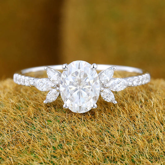 1.3CT Oval Cut Moissanite Engagement Ring with Marquise Cluster & Half Eternity Pavé Band