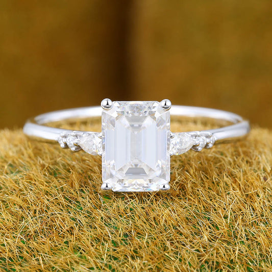 1.5CT Emerald Cut Moissanite Engagement Ring with Pear Accents