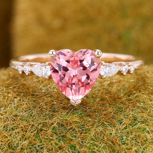 Romantic Heart Cut Pink Sapphire Engagement Ring with Pear Accents