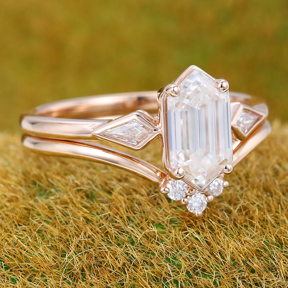 Elongated Hexagon Moissanite engagement ring set Unique rose gold engagement ring Kite cut curved ring Wedding Promise Anniversary ring