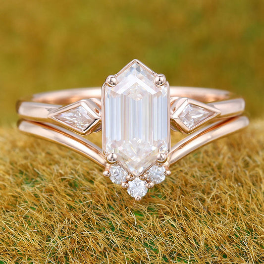 Elongated Hexagon Moissanite engagement ring set Unique rose gold engagement ring Kite cut curved ring Wedding Promise Anniversary ring