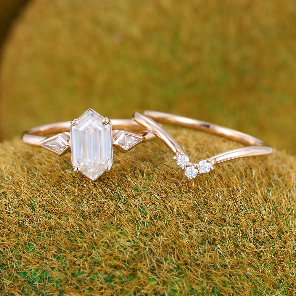 Elongated Hexagon Moissanite engagement ring set Unique rose gold engagement ring Kite cut curved ring Wedding Promise Anniversary ring