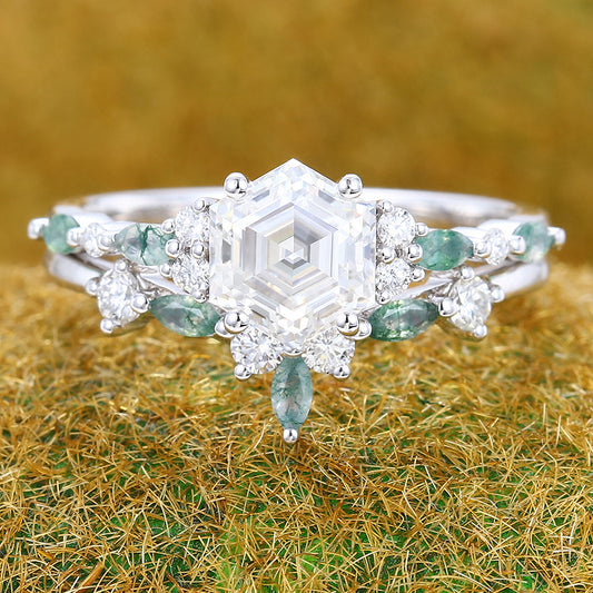 1CT Hexagon Cut Moissanite Engagement Ring Set with Moss Agate Accents